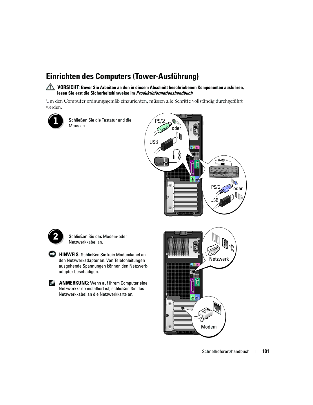 Dell N8151 manual Einrichten des Computers Tower-Ausführung, PS/2 oder, Netzwerk Modem, 101 