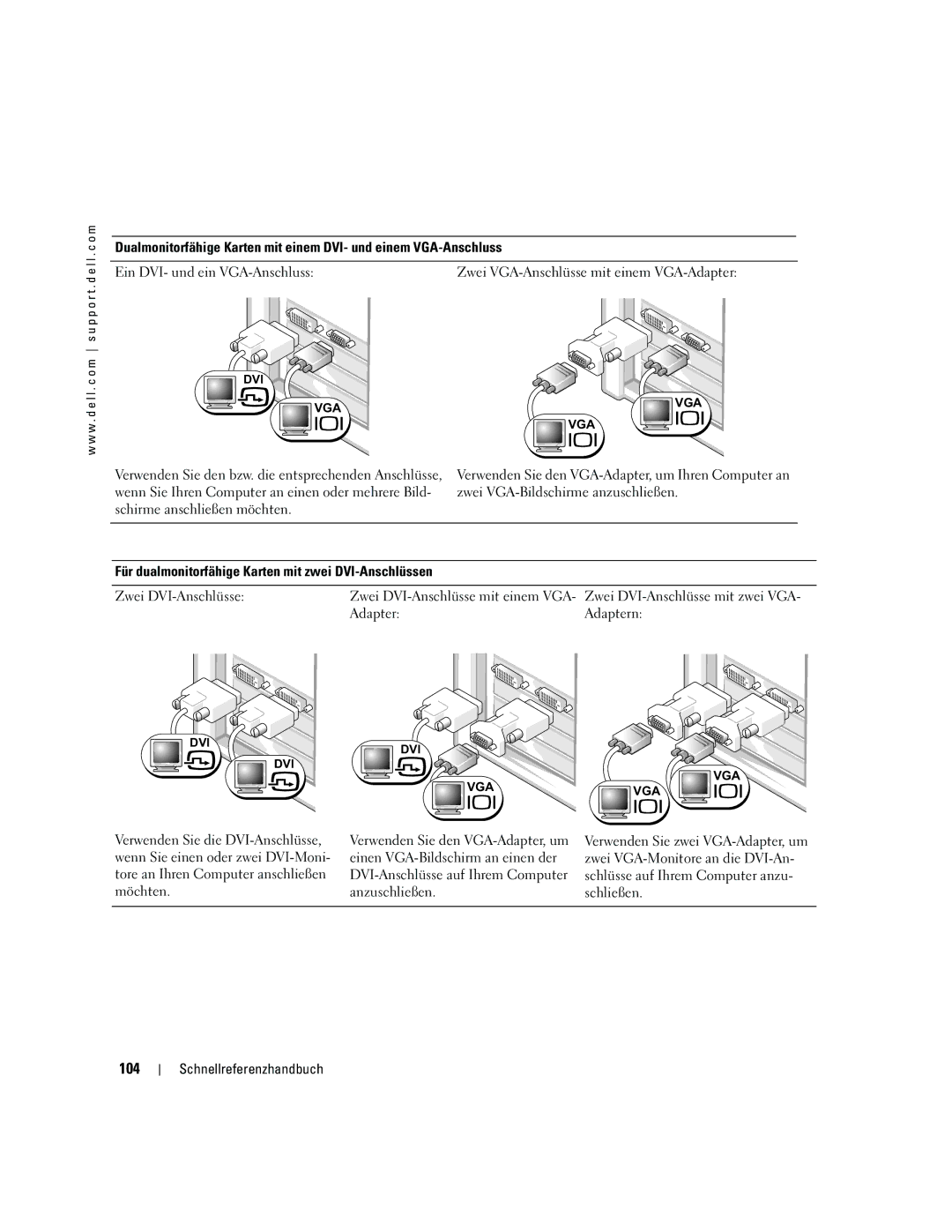 Dell N8151 manual 104, Zwei VGA-Bildschirme anzuschließen, Zwei DVI-Anschlüsse mit zwei VGA- Adaptern 