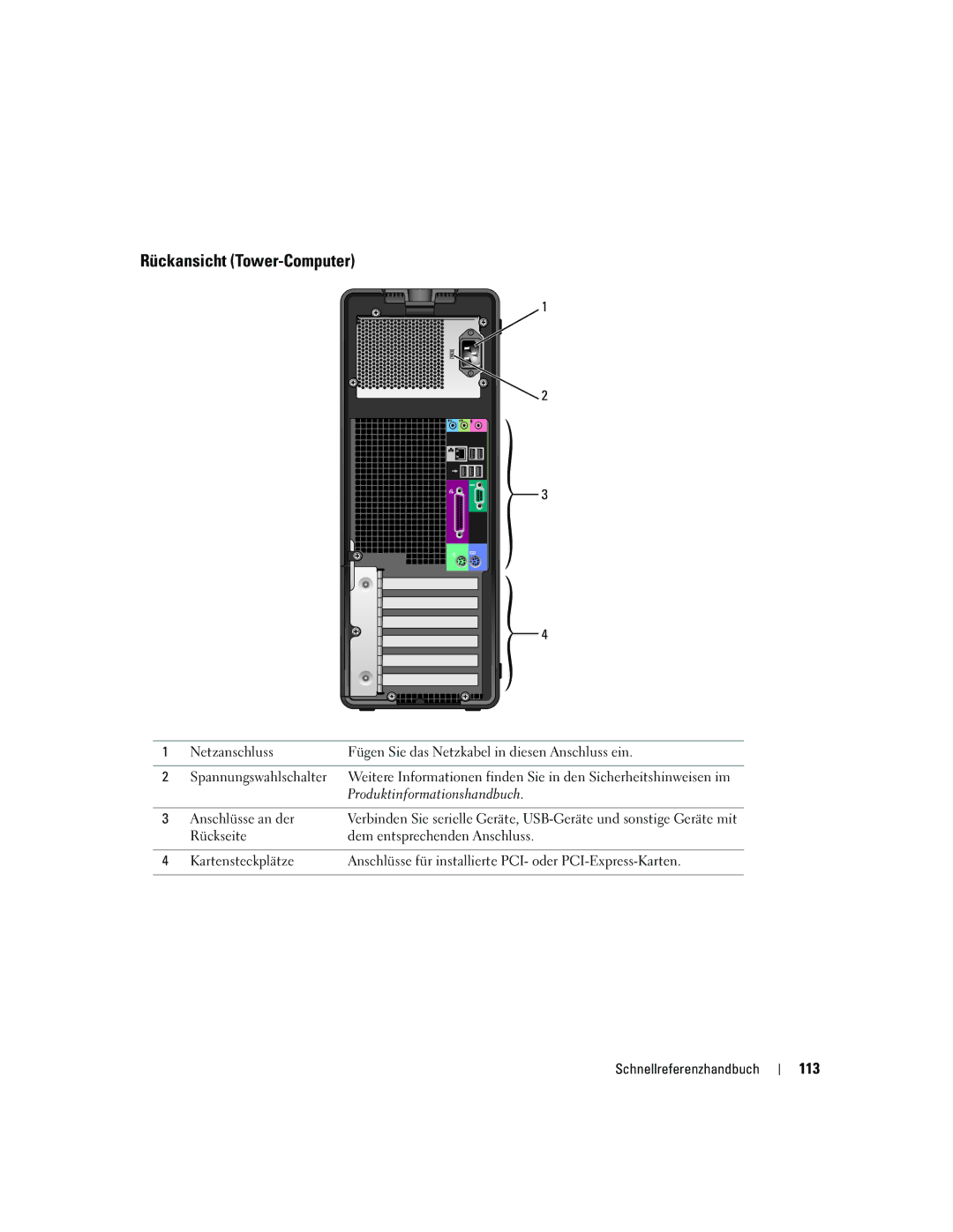 Dell N8151 manual Rückansicht Tower-Computer, 113, Anschlüsse an der 