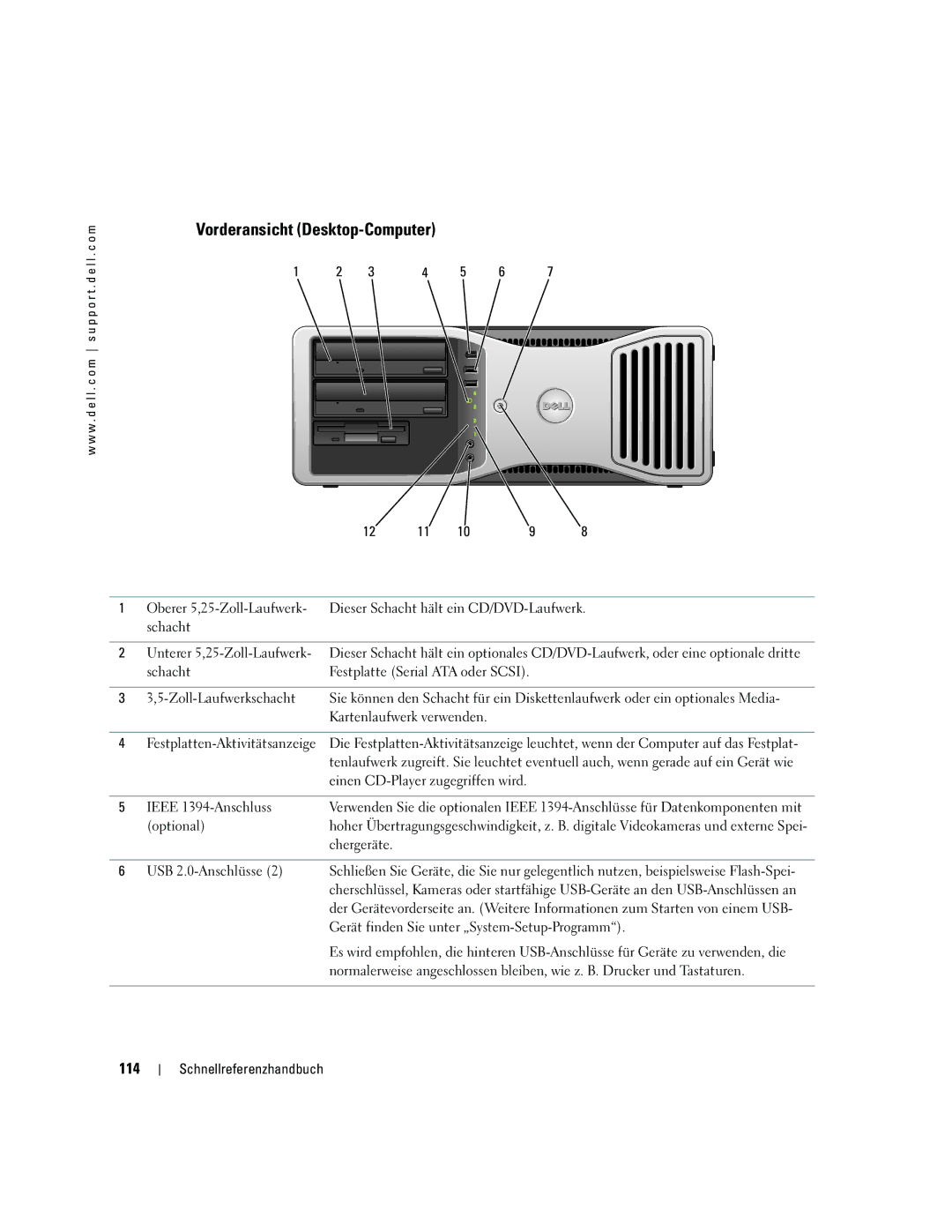 Dell N8151 manual Vorderansicht Desktop-Computer, 114, Kartenlaufwerk verwenden, Festplatten-Aktivitätsanzeige 