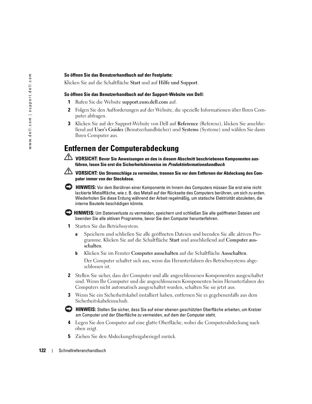 Dell N8151 manual Entfernen der Computerabdeckung, So öffnen Sie das Benutzerhandbuch auf der Festplatte, 122 