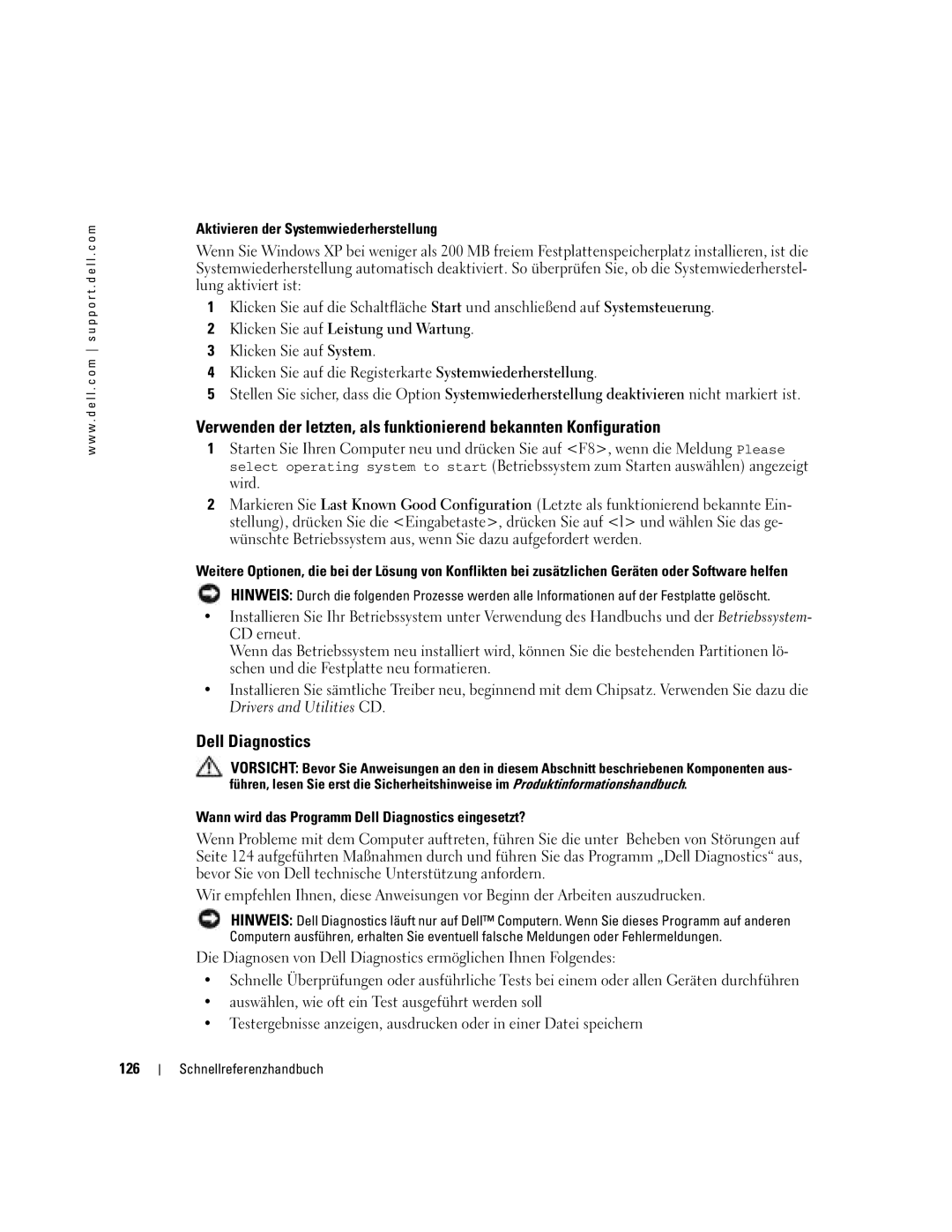 Dell N8151 manual Aktivieren der Systemwiederherstellung, Drivers and Utilities CD, 126 