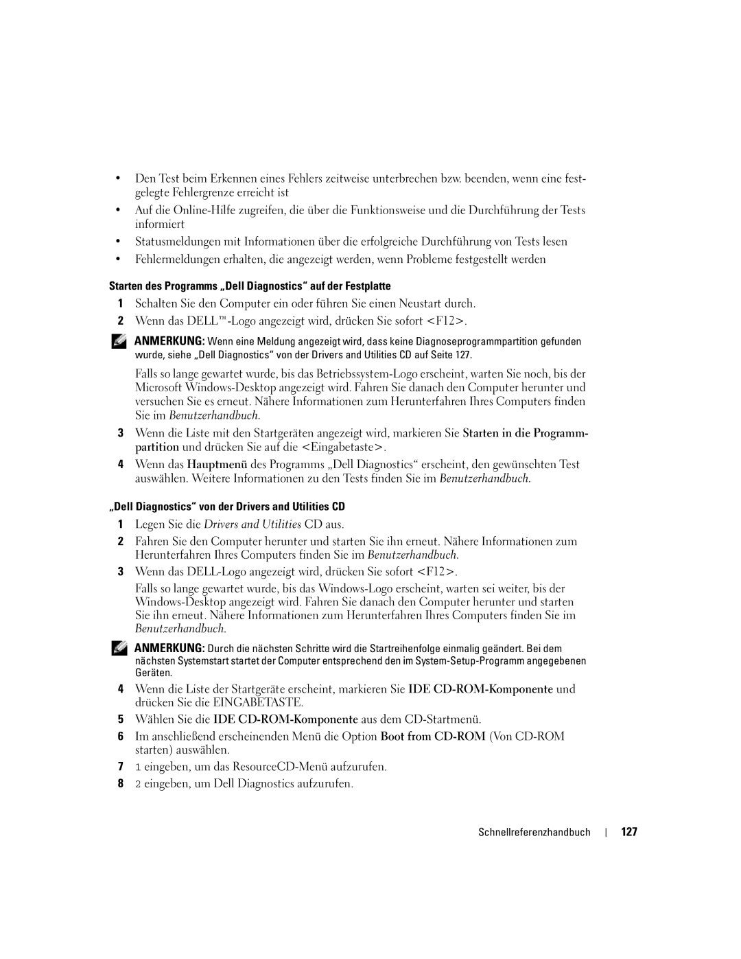 Dell N8151 manual Starten des Programms „Dell Diagnostics auf der Festplatte, Benutzerhandbuch, 127 