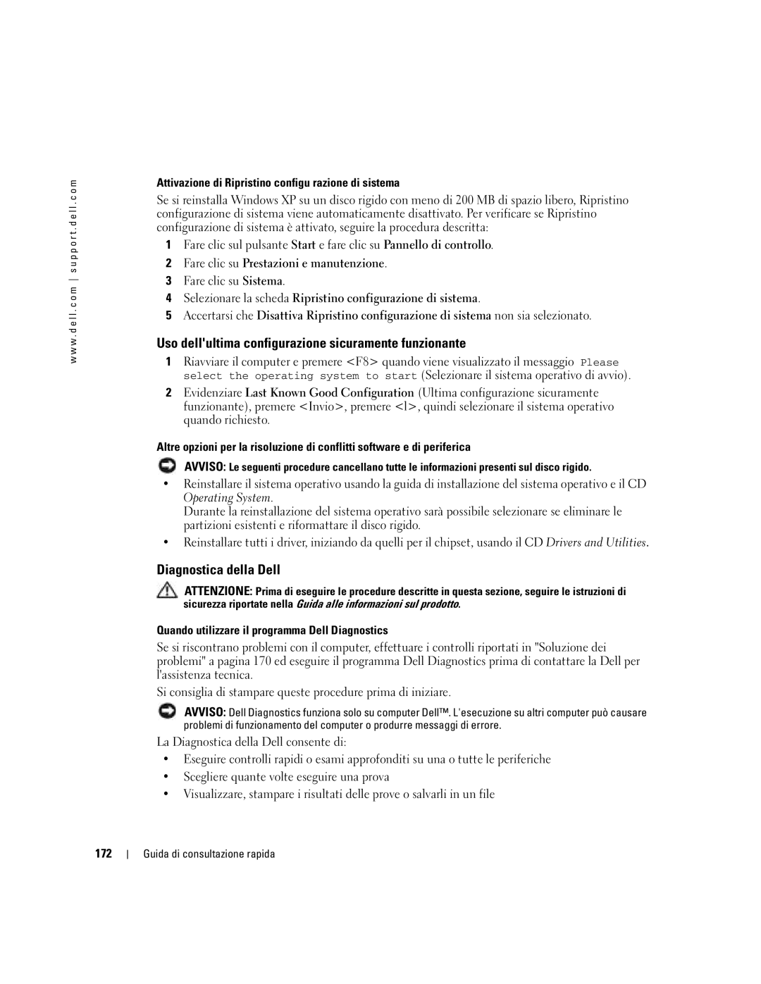 Dell N8151 manual Uso dellultima configurazione sicuramente funzionante, Diagnostica della Dell, 172 