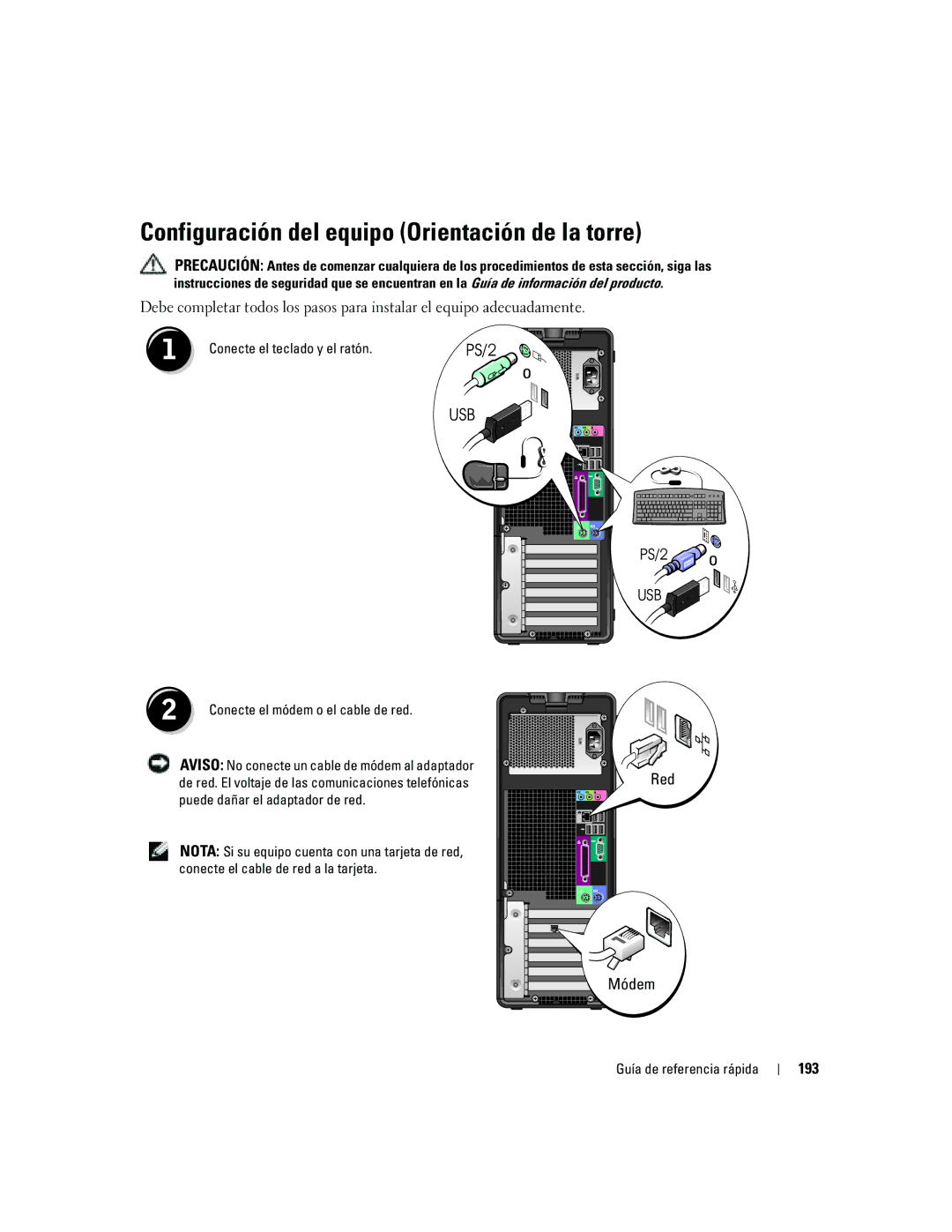 Dell N8151 manual Configuración del equipo Orientación de la torre, Módem, 193, Conecte el teclado y el ratón PS/2 
