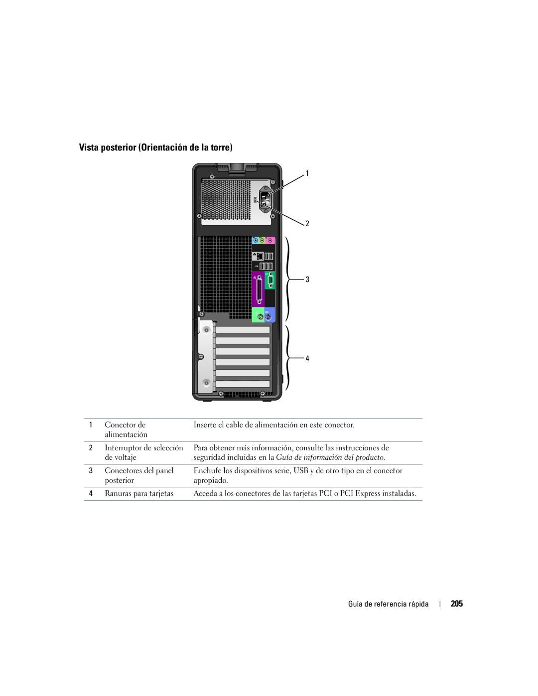 Dell N8151 manual Vista posterior Orientación de la torre, 205, Seguridad incluidas en la Guía de información del producto 