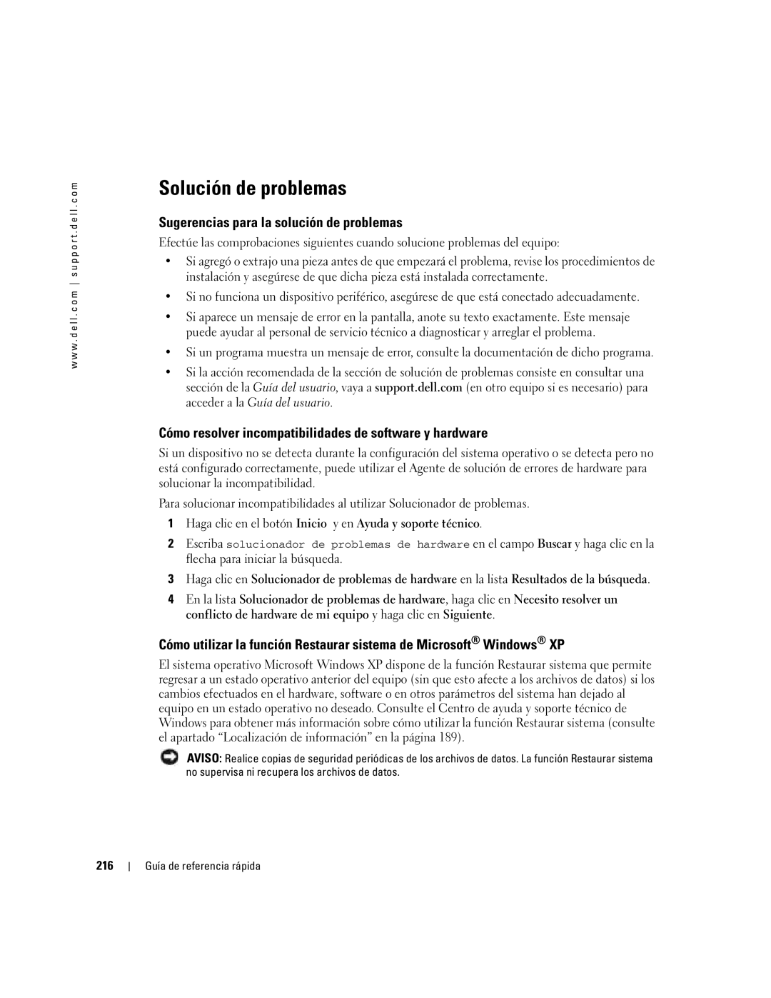 Dell N8151 manual Solución de problemas, Sugerencias para la solución de problemas, 216 