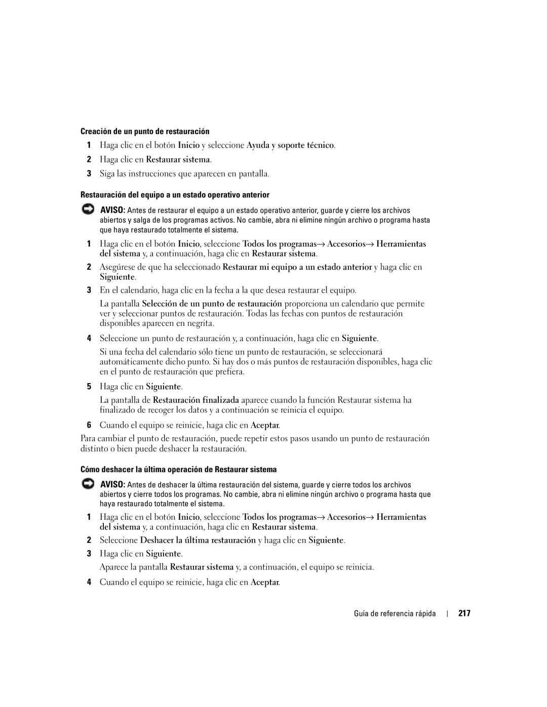 Dell N8151 manual Creación de un punto de restauración, Restauración del equipo a un estado operativo anterior, 217 