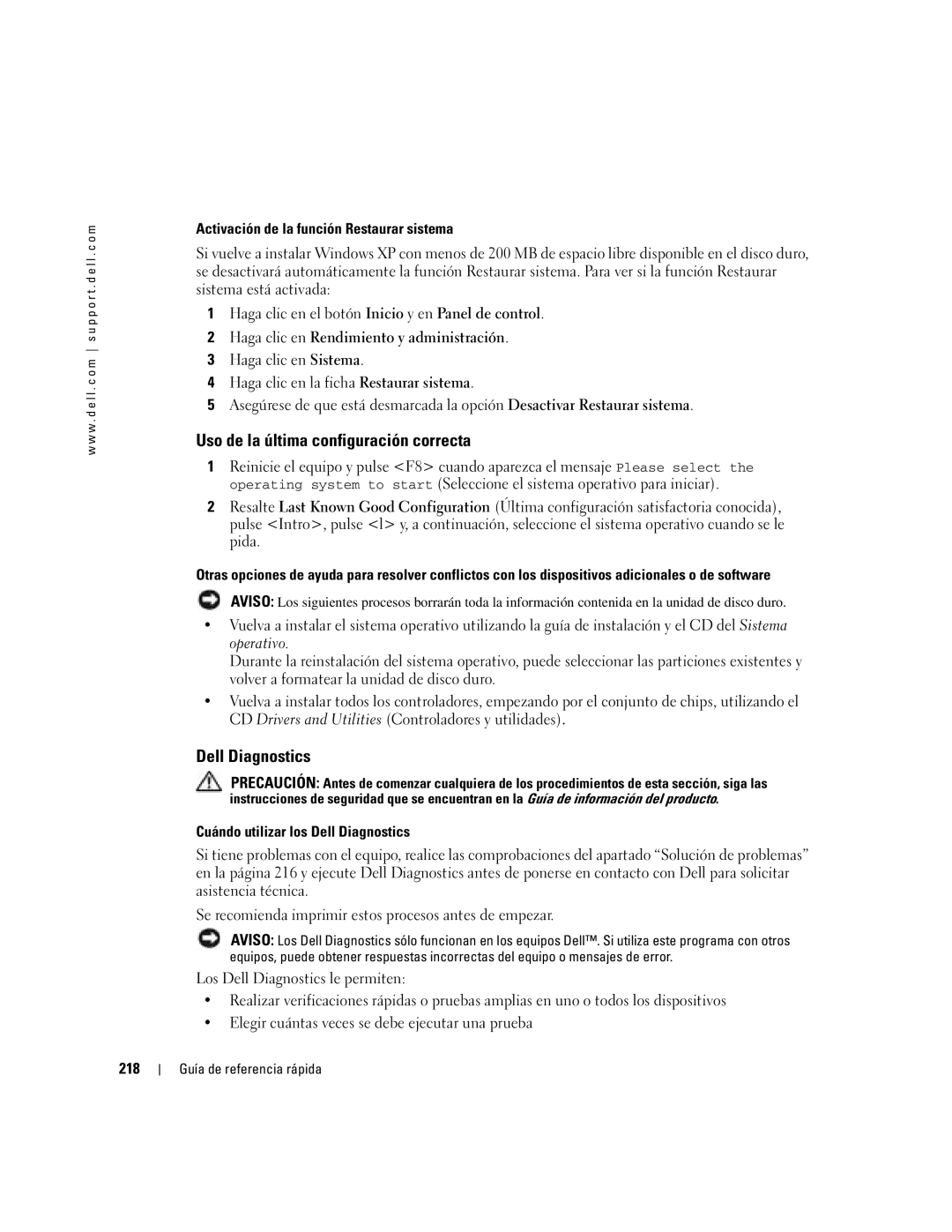 Dell N8151 manual Uso de la última configuración correcta, Activación de la función Restaurar sistema, 218 