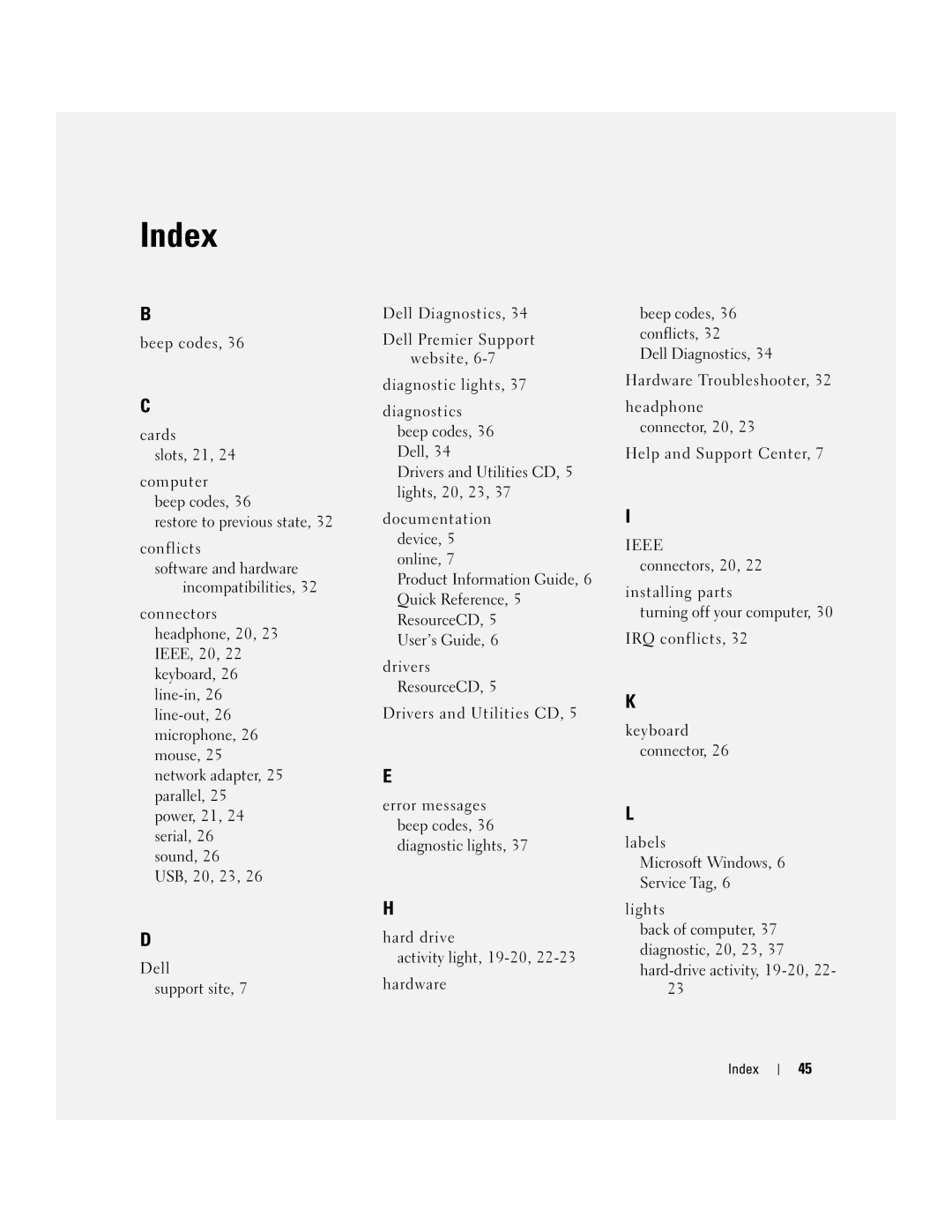 Dell N8151 manual Beep codes, 36 conflicts, Index 