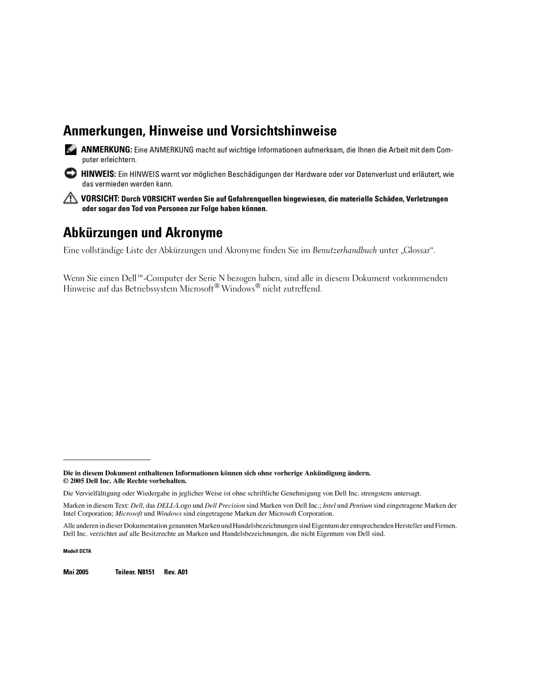 Dell N8151 manual Anmerkungen, Hinweise und Vorsichtshinweise, Abkürzungen und Akronyme 