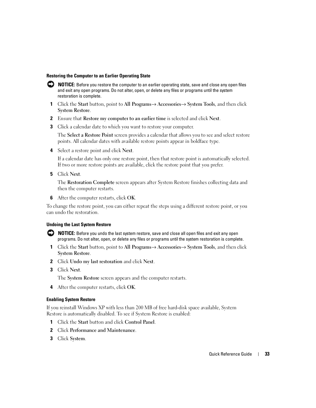 Dell N8152 Restoring the Computer to an Earlier Operating State, Undoing the Last System Restore, Enabling System Restore 