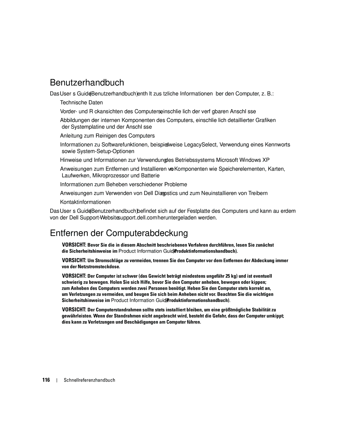 Dell ND218 manual Benutzerhandbuch, Entfernen der Computerabdeckung, 116 