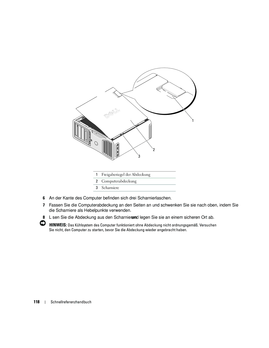 Dell ND218 manual 118, Freigaberiegel der Abdeckung Computerabdeckung Scharniere 