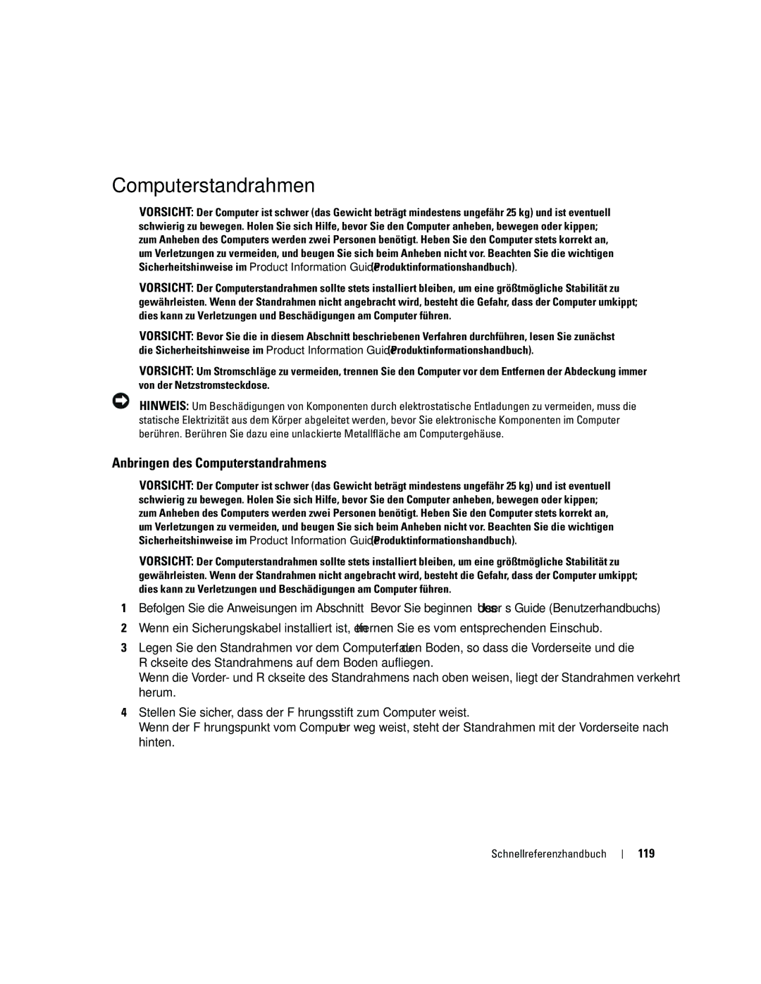 Dell ND218 manual Anbringen des Computerstandrahmens, 119 