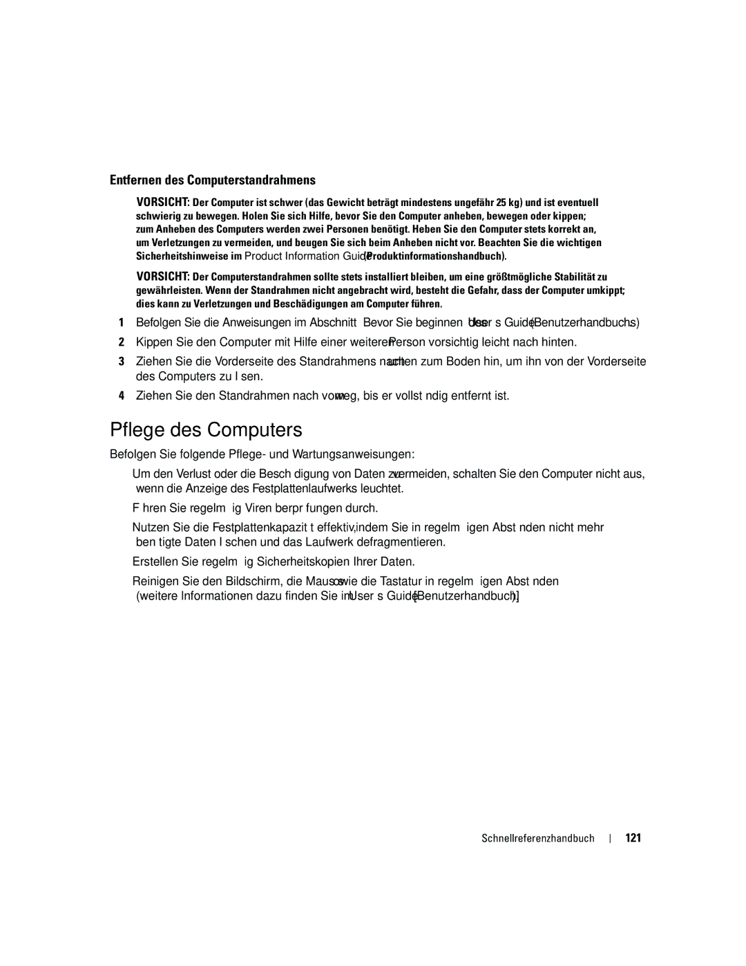 Dell ND218 manual Pflege des Computers, Entfernen des Computerstandrahmens, 121 