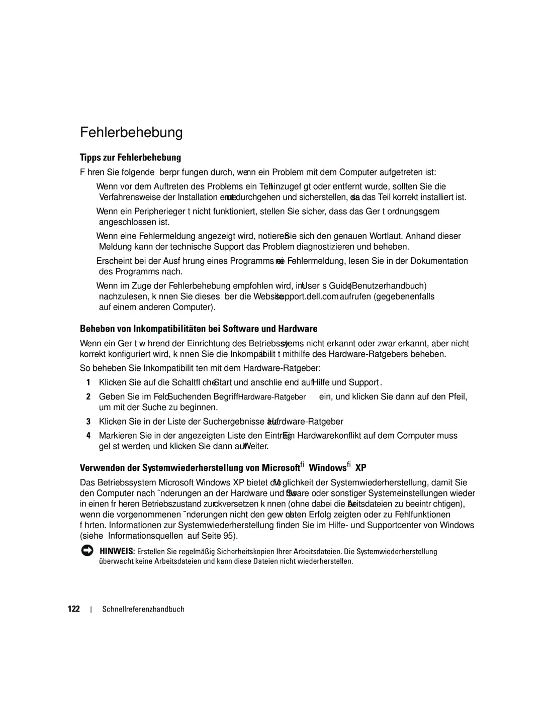 Dell ND218 manual Tipps zur Fehlerbehebung, Beheben von Inkompatibilitäten bei Software und Hardware, 122 