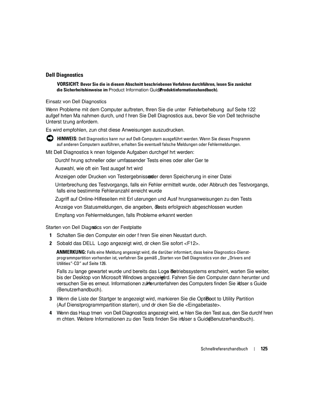 Dell ND218 manual Einsatz von Dell Diagnostics, Starten von Dell Diagnostics von der Festplatte, 125 