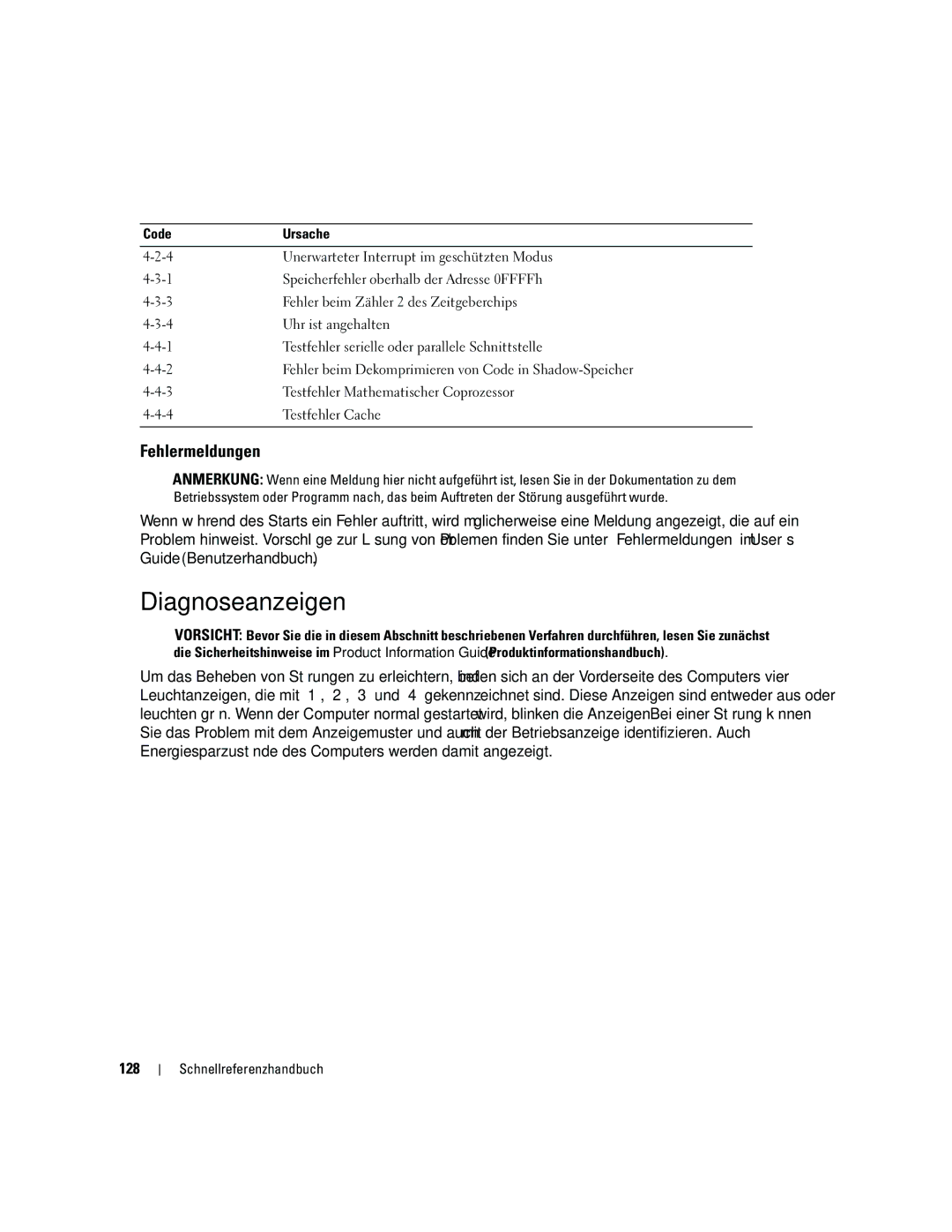 Dell ND218 manual Diagnoseanzeigen, Fehlermeldungen, 128 