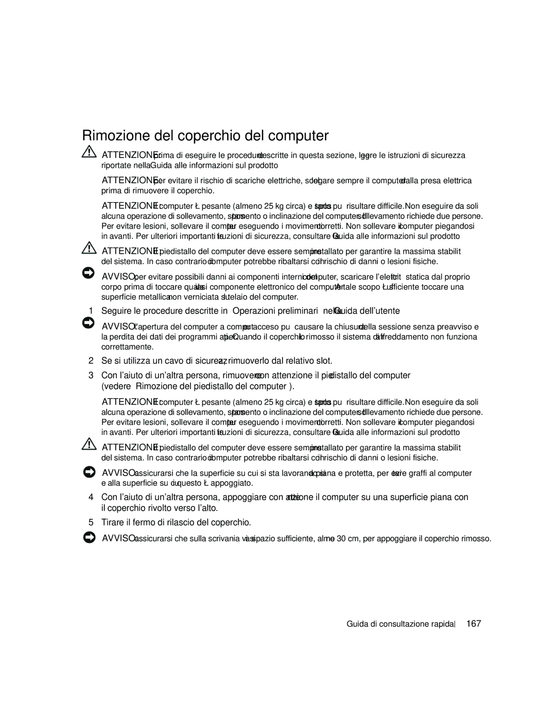 Dell ND218 manual Rimozione del coperchio del computer, 167 