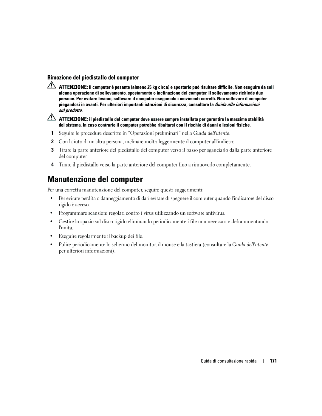 Dell ND218 manual Manutenzione del computer, Rimozione del piedistallo del computer, 171 