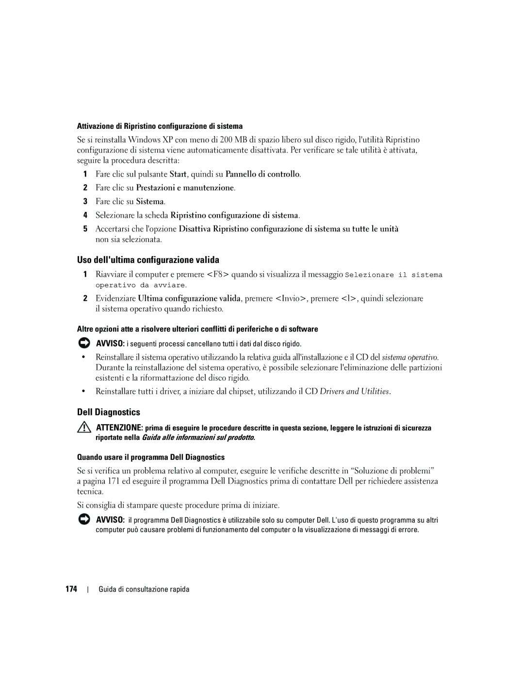 Dell ND218 manual Uso dellultima configurazione valida, Attivazione di Ripristino configurazione di sistema, 174 