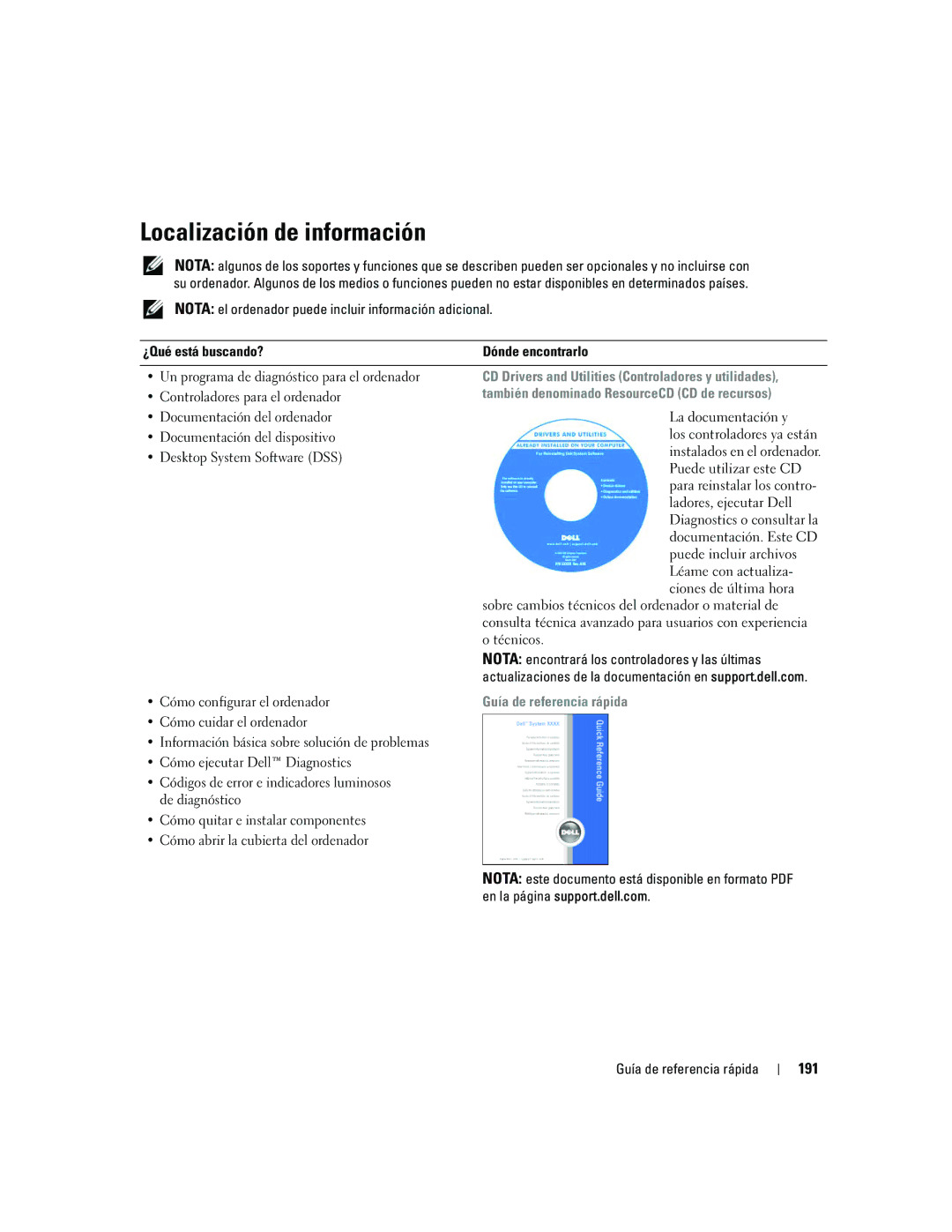 Dell ND218 manual Localización de información, 191, CD Drivers and Utilities Controladores y utilidades 