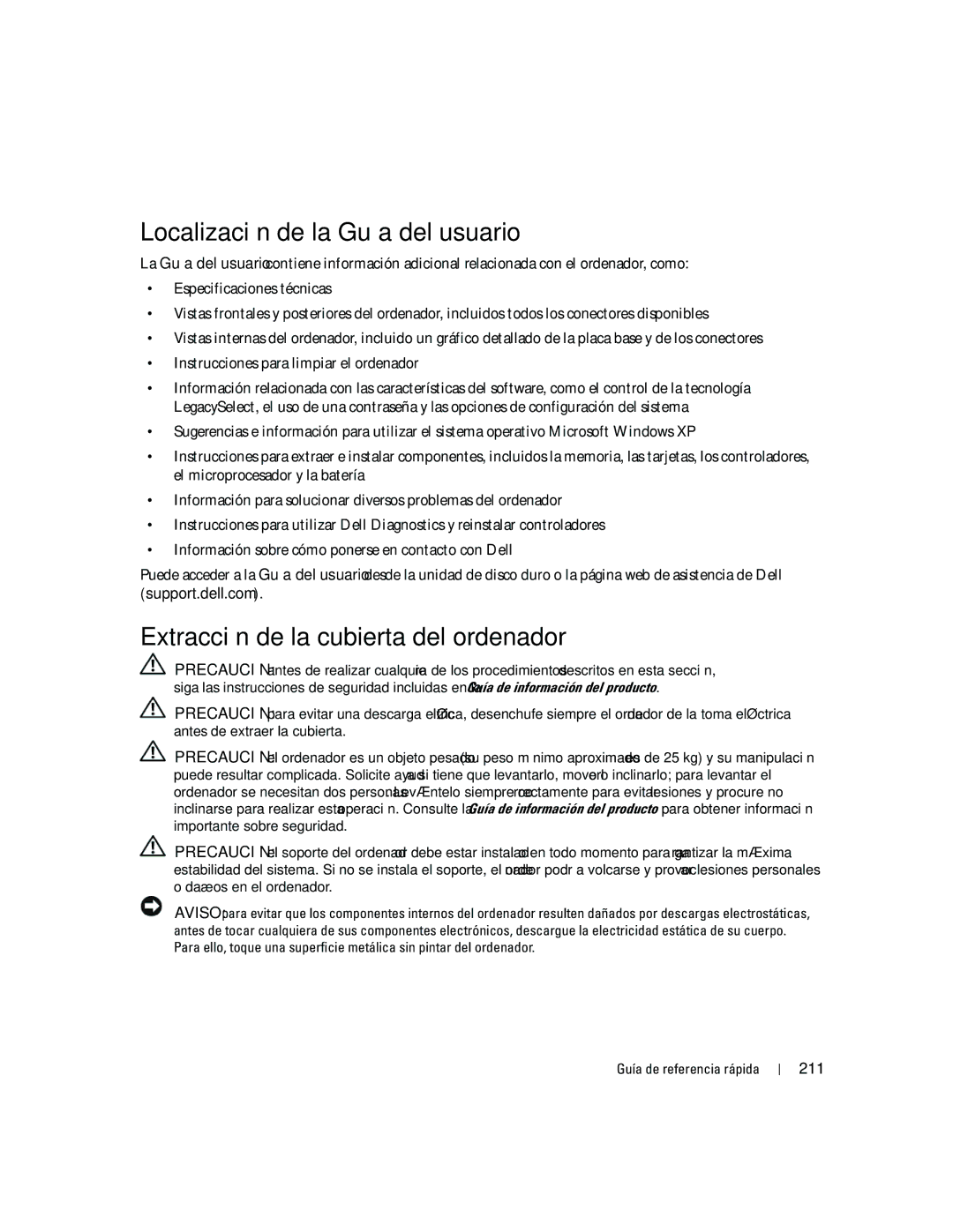 Dell ND218 manual Localización de la Guía del usuario, Extracción de la cubierta del ordenador, 211 