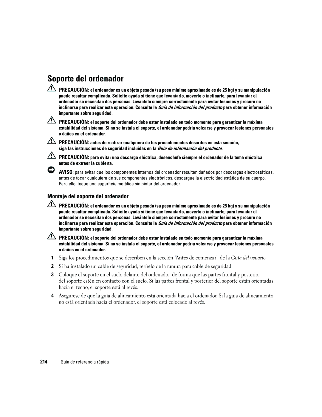 Dell ND218 manual Soporte del ordenador, Montaje del soporte del ordenador, 214 