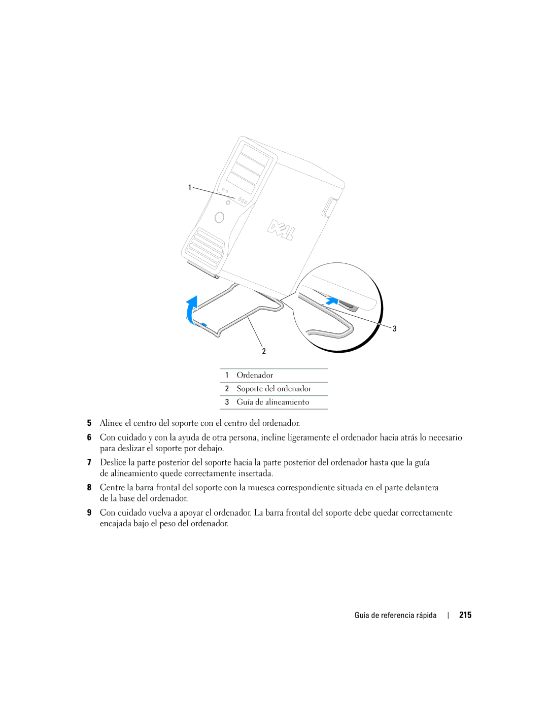 Dell ND218 manual 215, Ordenador Soporte del ordenador Guía de alineamiento 