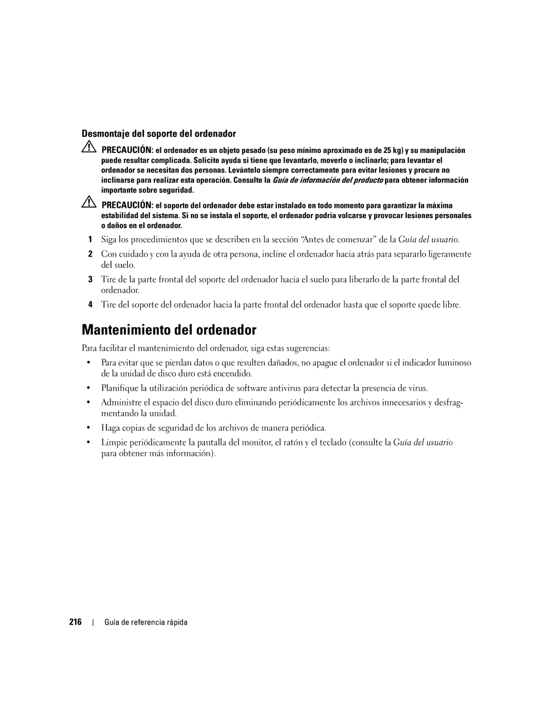 Dell ND218 manual Mantenimiento del ordenador, Desmontaje del soporte del ordenador, 216 