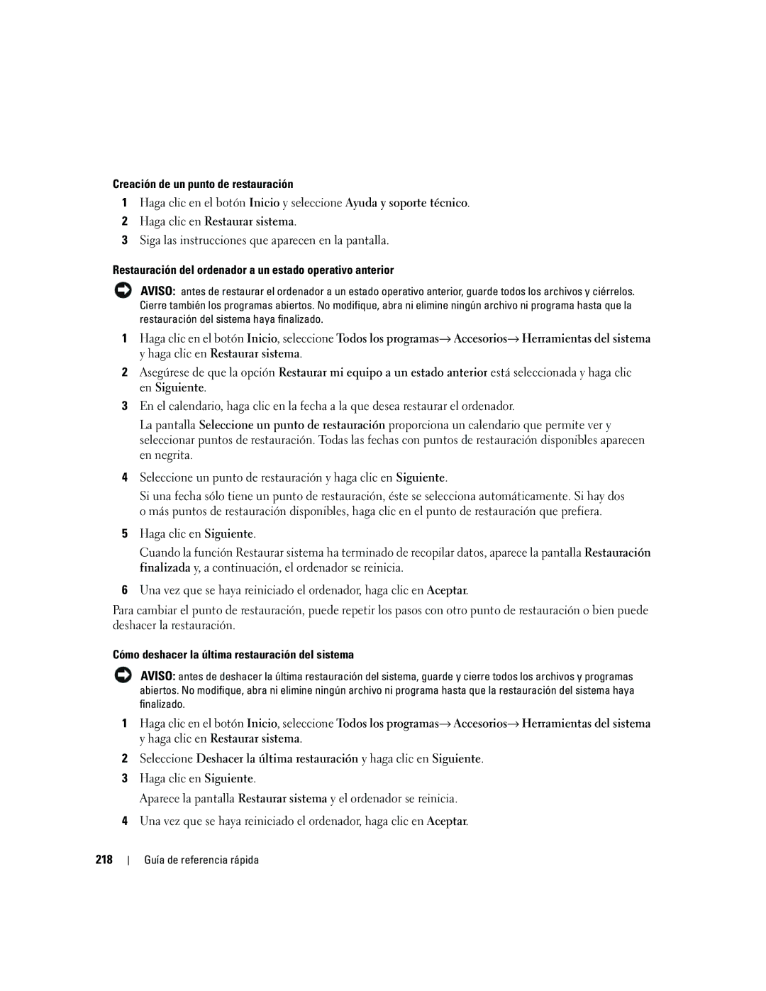 Dell ND218 manual Creación de un punto de restauración, Restauración del ordenador a un estado operativo anterior 