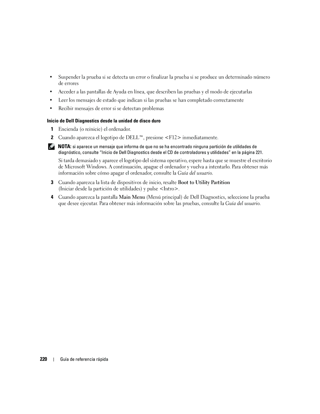 Dell ND218 manual Inicio de Dell Diagnostics desde la unidad de disco duro, 220 