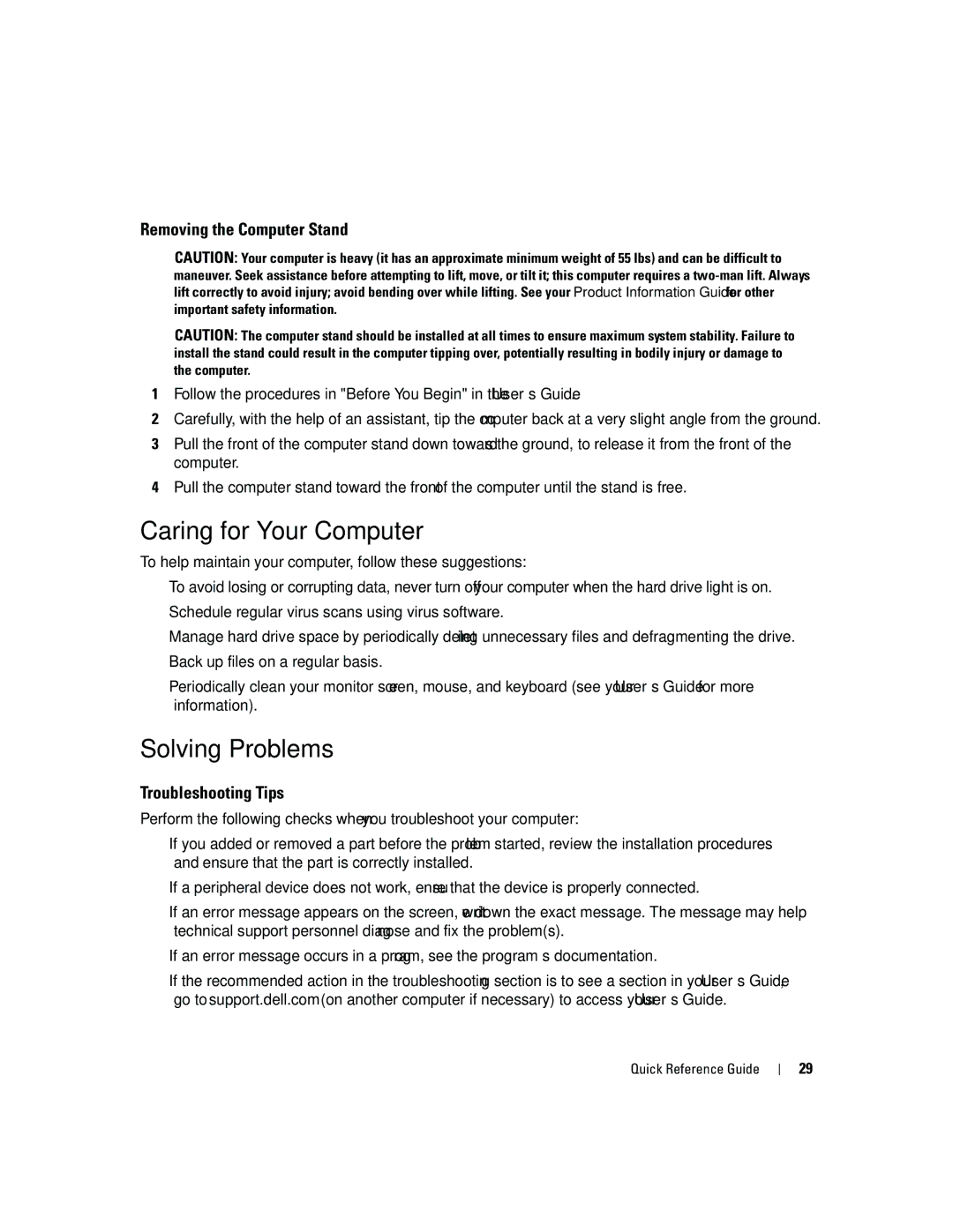 Dell ND218 manual Caring for Your Computer, Solving Problems, Removing the Computer Stand, Troubleshooting Tips 