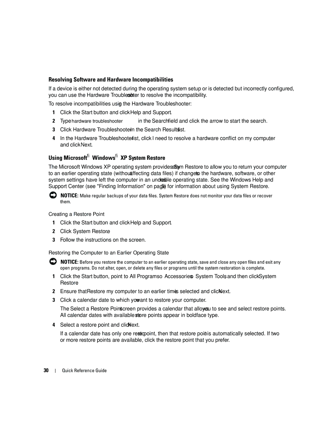 Dell ND218 manual Resolving Software and Hardware Incompatibilities, Using Microsoft Windows XP System Restore 