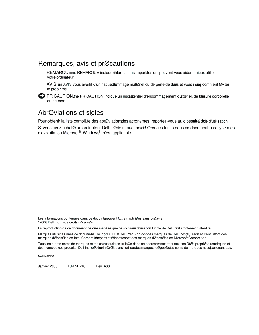 Dell ND218 manual Remarques, avis et précautions, Abréviations et sigles 