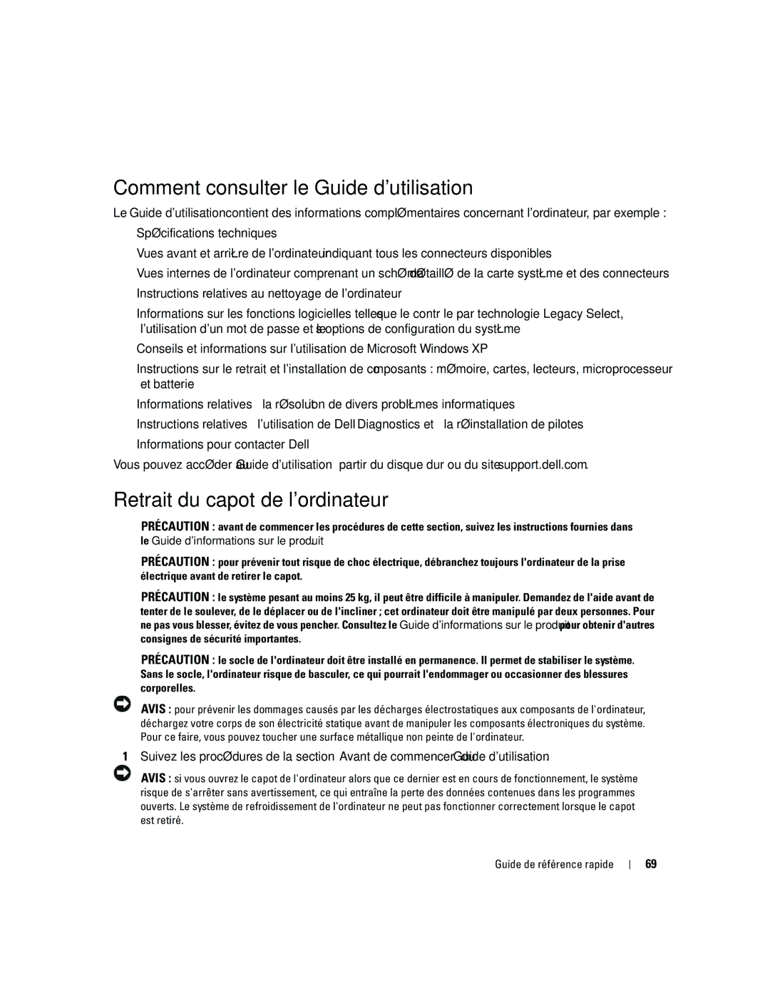 Dell ND218 manual Comment consulter le Guide dutilisation, Retrait du capot de lordinateur 