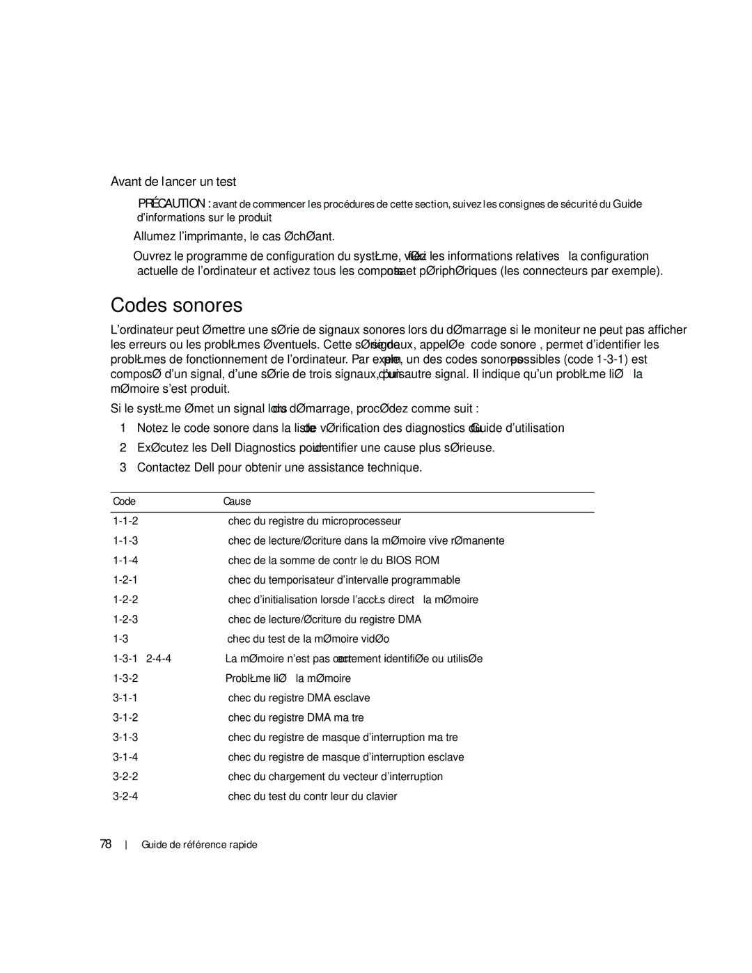 Dell ND218 manual Codes sonores, Avant de lancer un test 