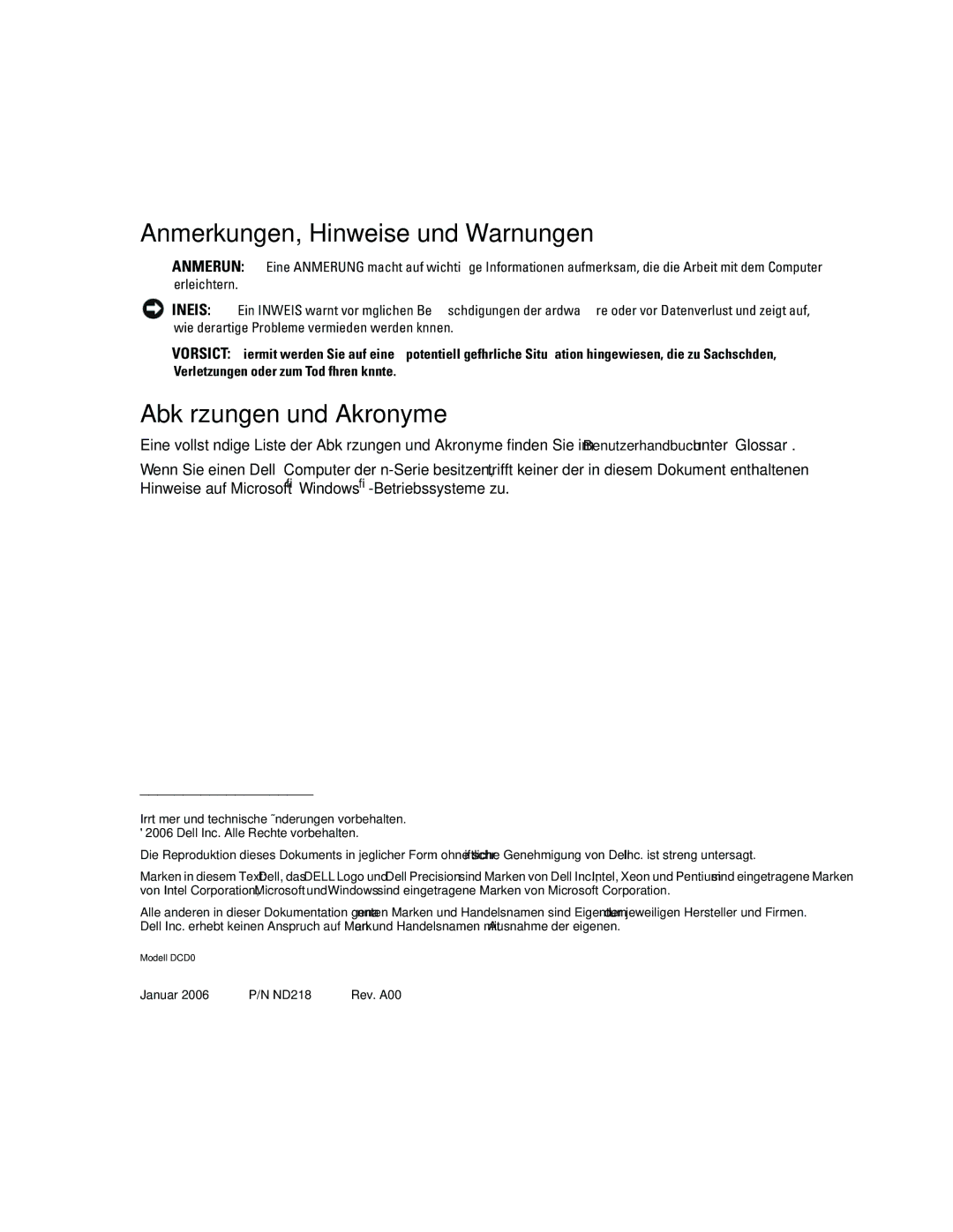 Dell ND218 manual Anmerkungen, Hinweise und Warnungen, Abkürzungen und Akronyme 