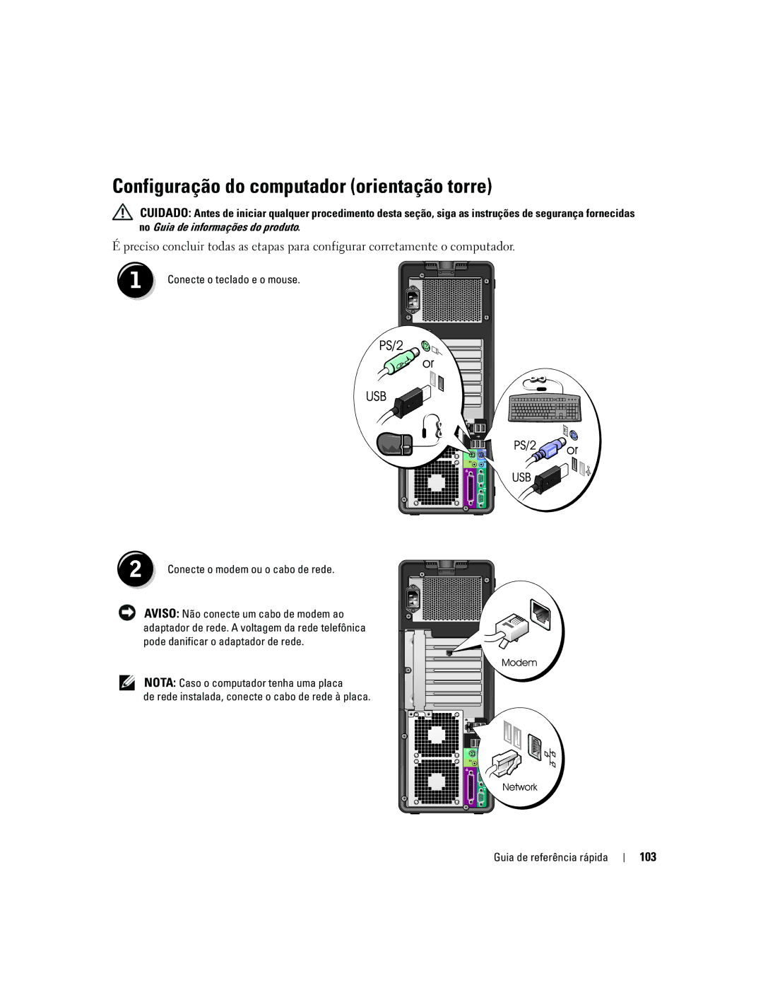 Dell ND224 manual Configuração do computador orientação torre, 103 