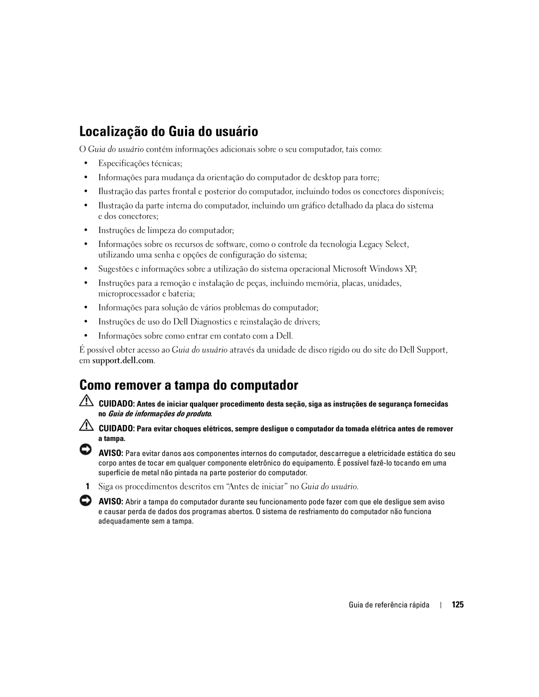 Dell ND224 manual Localização do Guia do usuário, Como remover a tampa do computador, 125 