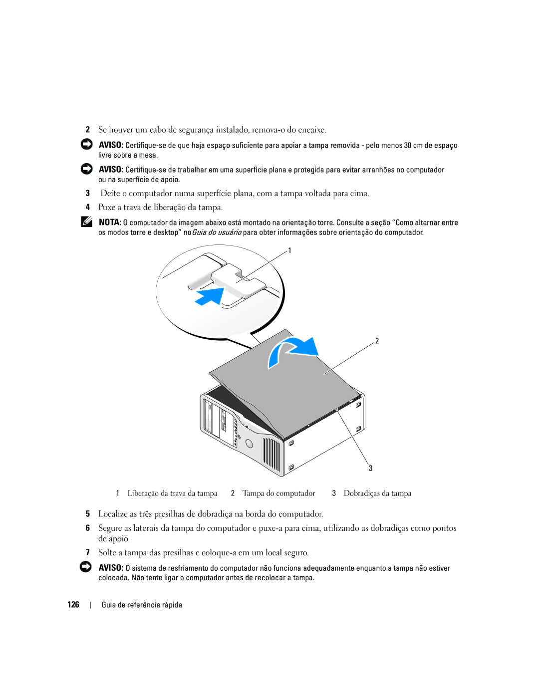 Dell ND224 manual 126, Liberação da trava da tampa Tampa do computador 