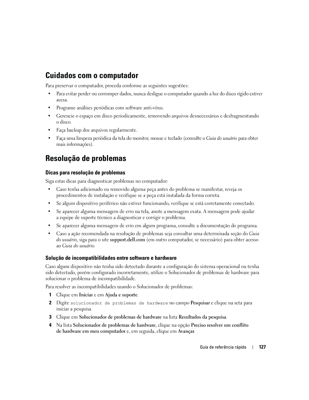 Dell ND224 manual Cuidados com o computador, Resolução de problemas, Dicas para resolução de problemas 