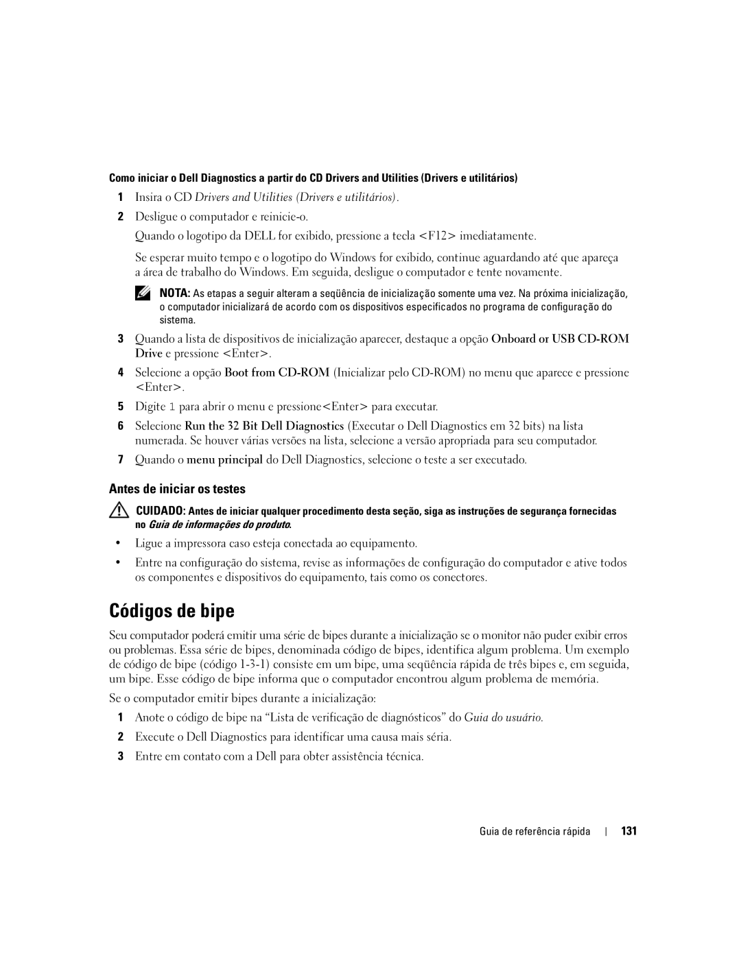 Dell ND224 manual Códigos de bipe, Antes de iniciar os testes, 131 