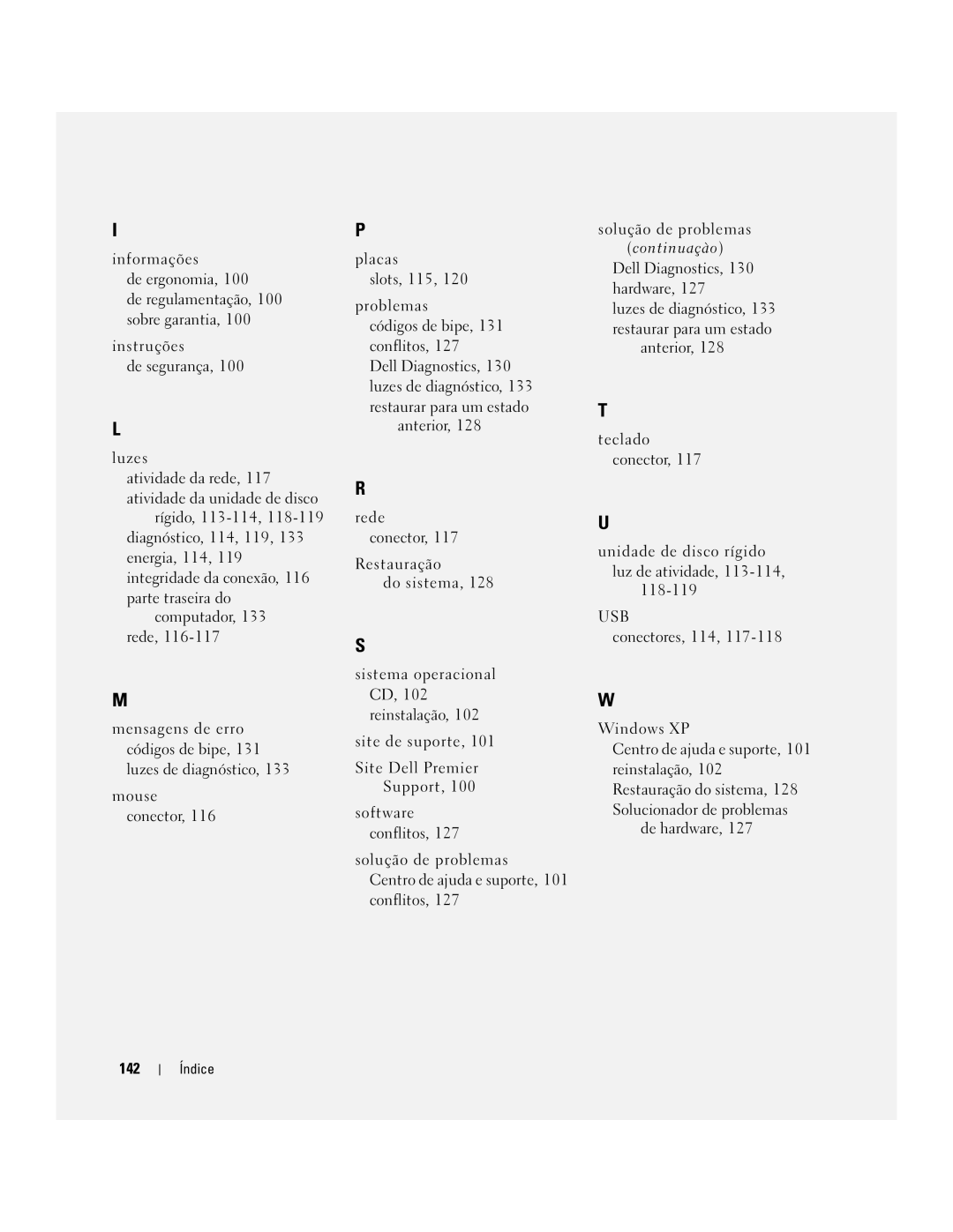 Dell ND224 manual Continuaçào Dell Diagnostics, 130 hardware, 142 