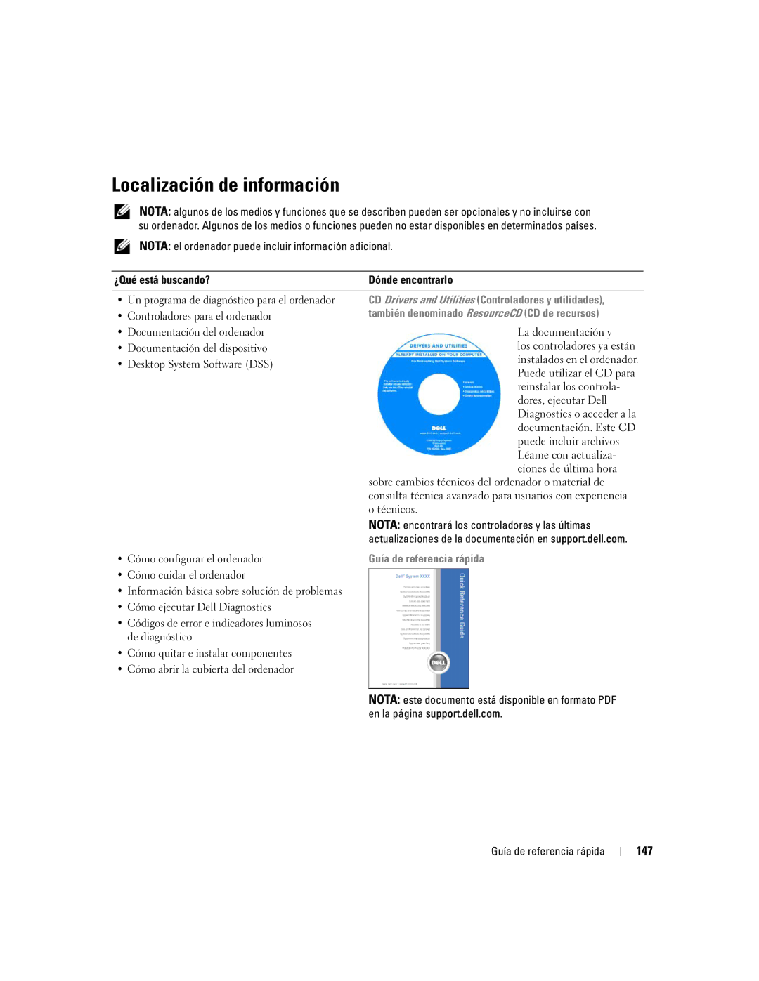 Dell ND224 manual Localización de información, 147, CD Drivers and Utilities Controladores y utilidades 