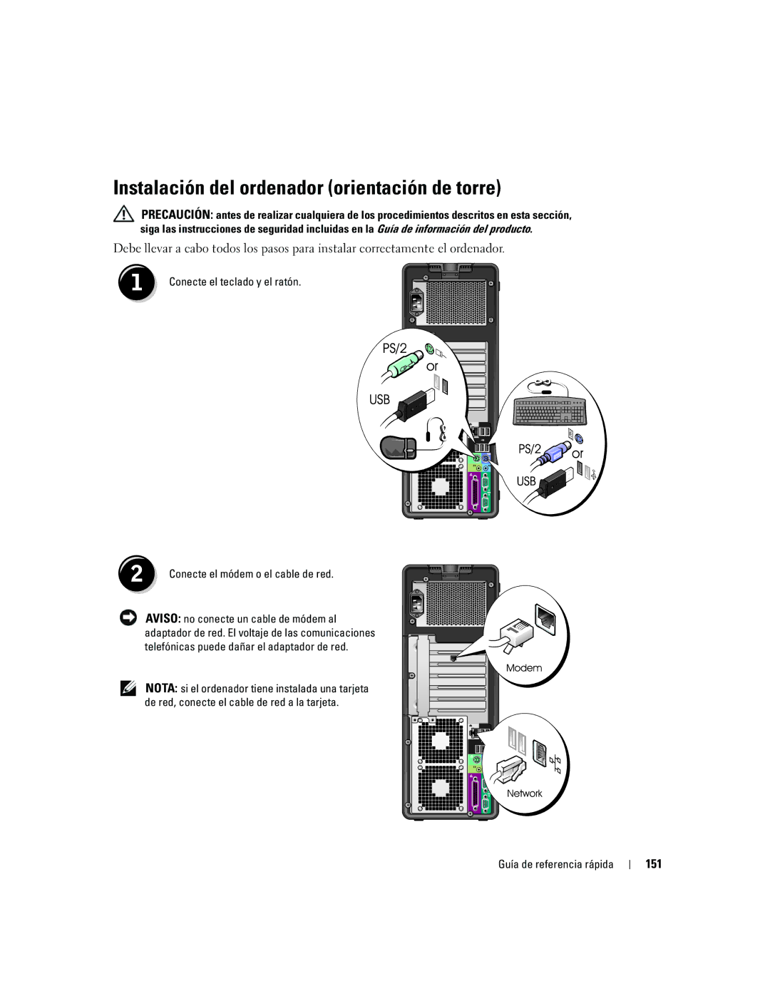 Dell ND224 manual Instalación del ordenador orientación de torre, 151 
