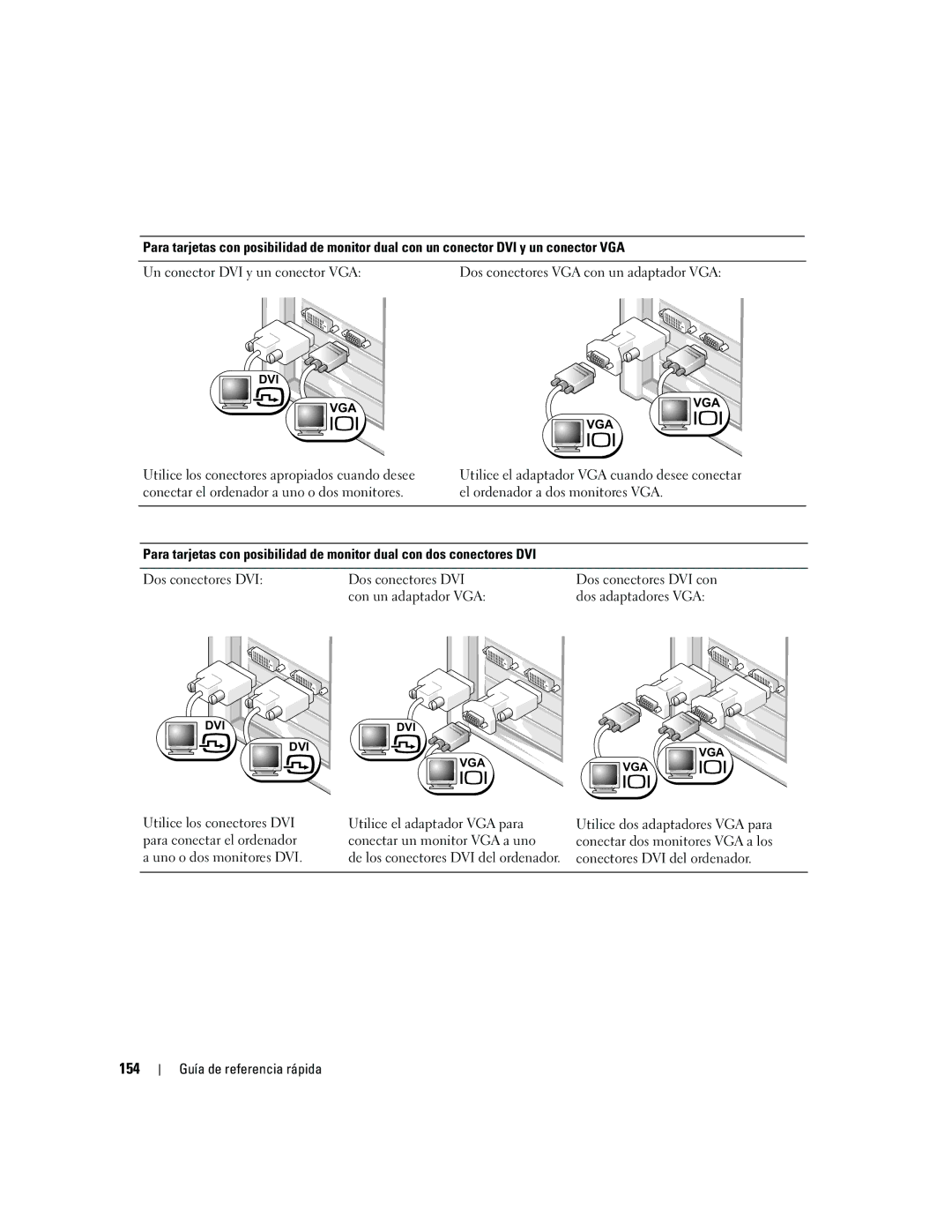 Dell ND224 manual 154, Con un adaptador VGA, Utilice el adaptador VGA para, Conectar un monitor VGA a uno 