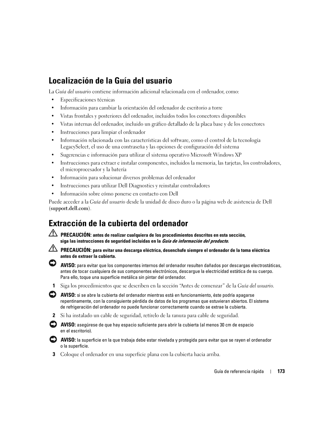 Dell ND224 manual Localización de la Guía del usuario, Extracción de la cubierta del ordenador, 173 