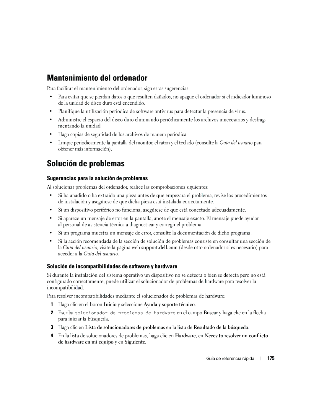 Dell ND224 manual Mantenimiento del ordenador, Solución de problemas, Sugerencias para la solución de problemas, 175 